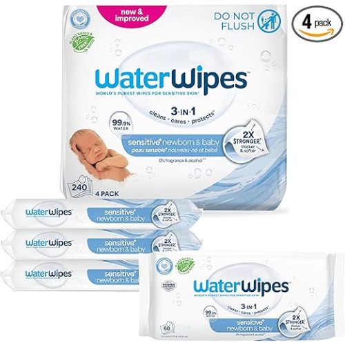 WaterWipes Sensitive+ Newborn & Baby Wipes, 3-In-1 Cleans, Cares, Protects, 99.9% Water, Unscented & Hypoallergenic, 240 Count (4 Packs)