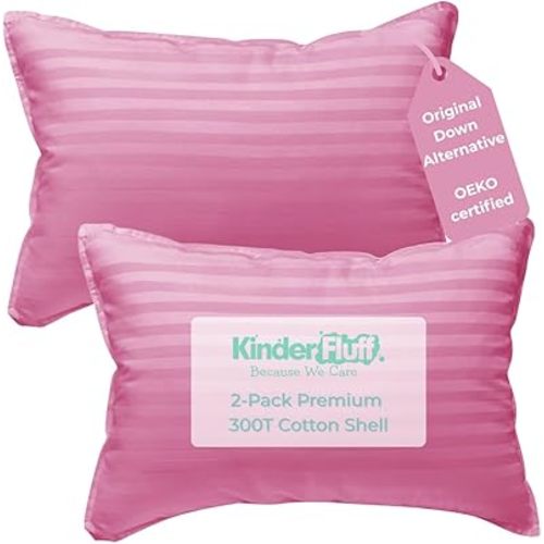 Kinder Fluff Toddler Pillows for Bed (2X) - The Only Kids Pillow 300T Cotton Shell & Down Alternative Fill - Travel Pillow for Children Bedding Set Sleeping Pillow Floor Bed Pillows (14x20in - Pink)