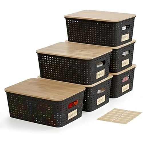 Small Plastic Storage Bins with Bamboo Lids 5.2qt Stackable Box Basket Pantry Decorative Containers Cute with Lable for Organizing Desktop Closet Office Black of 6 packs 10 * 7.2 * 4.1'’