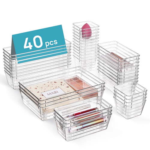 Vtopmart 40 PCS Drawer Organizer, 4-Size Clear Plastic Bins Containers, for Bathroom and Vanity Storage