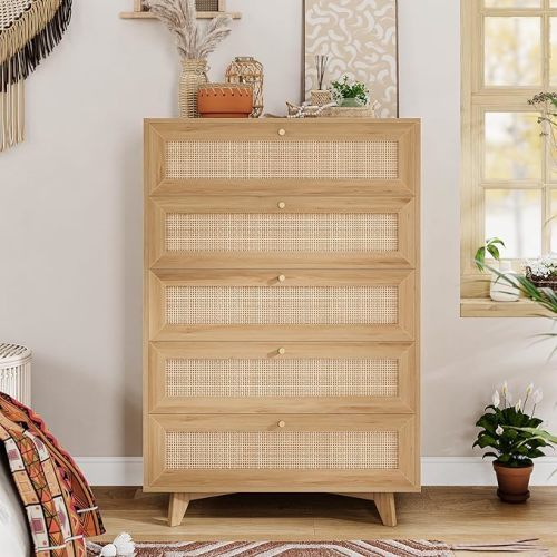 VIAGDO Rattan Dresser for Bedroom, 5 Drawer Dresser with Natural Rattan Drawers, Wooden Tall Cabinet with Gold Handles, Modern Closet Storage Chest of Drawers for Nursery Entryway Living Room