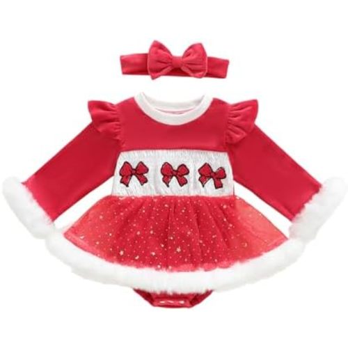 Baby Girl Christmas Outfit Newborn Christmas Dress Ruffle Sleeve Fur Trim Velvet Smocked Romper Dresses Headband Set