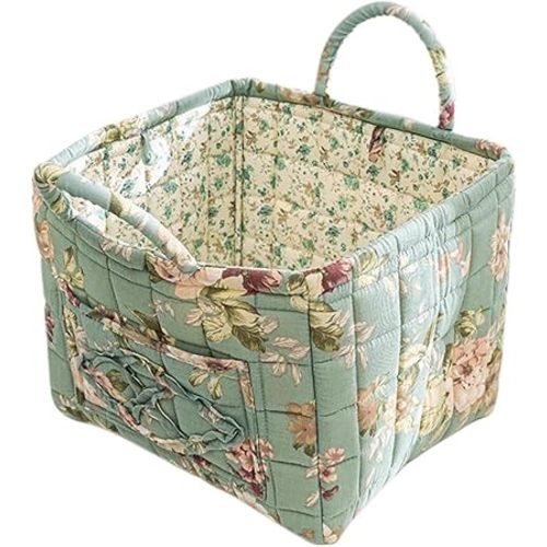 Quilted Fabric Storage Basket with Handles – Boho Foldable Floral Organizer Bin for Home, Picnic, Shopping, Travel 13"x11"x10" (Green Cottage)