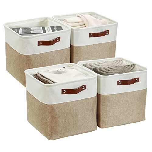 DECOMOMO Fabric Storage Cubes 11x11 Cube Storage Bins, Shelf Baskets 4 Pack Decorative Storage Boxes with Handles for Organizing Shelf Closet Nursery Toys Cloth Bathroom (Beige&White)