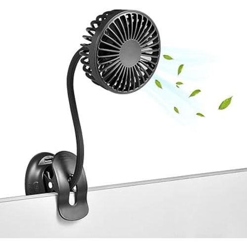 Clip On USB Mini Desk Fan with Emergency Power Bank, Battery Operated Rechargeable Portable Fan - Flexible Neck, 3 Speed Personal Cooling for Baby Stroller, Car, Camping, Office, Dorm, Beach - Black