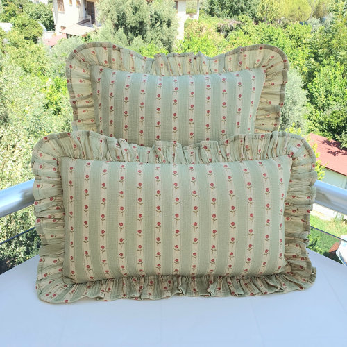 Organic Cotton Ruffle Pillow Cover: Floral Stripe Muslin Frill
