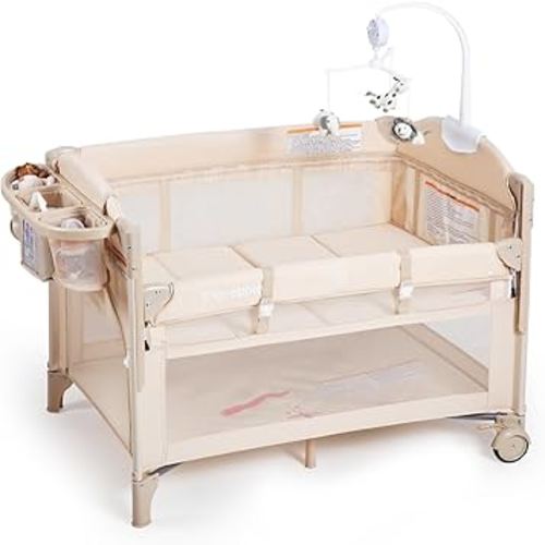 Baby Bassinets Bedside Sleeper, 4 in 1 Portable Bedside Crib w/Mattress, Diaper Changer, Storage Basket, Music Box, Carry Bag, Foldable Playard Sleeper for Newborn (Beige)
