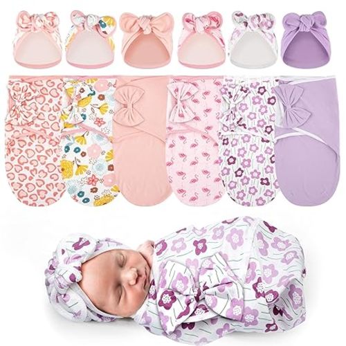 Ramede 6 Pack Preemie Swaddle Blanket with Hats Sleep Swaddle for Baby Boy Girl Preemie Newborn Sacks Soft Cotton Wearable (Bow,Pink)
