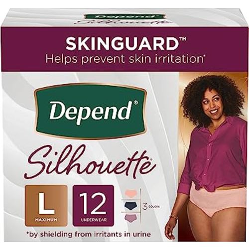 Depend Silhouette Adult Incontinence and Postpartum Underwear for Women, Large, Maximum Absorbency, Black, Pink and Berry, 12 Count, Packaging May Vary