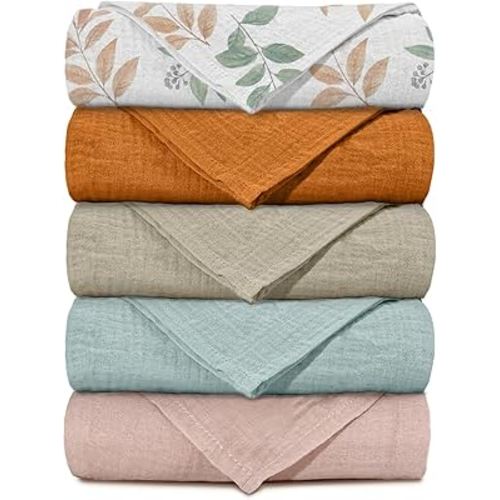 Muslin Receiving Blankets, Neutral Blanket Swaddling for Newborn Boys and Girls, 5 Pack Breathable and Skin-Friendly Swaddle Wrap for Infant Baby (Gentle Colors)
