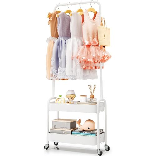 KINGRACK Kids Clothing Rack, Small Clothes Rack with Metal Basket,Garment Rack for Hanging Clothes on Wheels,Kids Dress Up Rack Storage for Coats, Dance Costume, Dolls, White