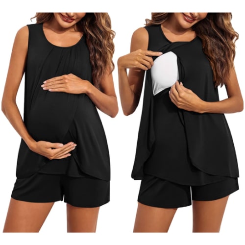 Ekouaer Women Maternity Nursing Pajama Set Breastfeeding Sleepwear Double Layer Sleeveless Top & Shorts Pregnancy PJS