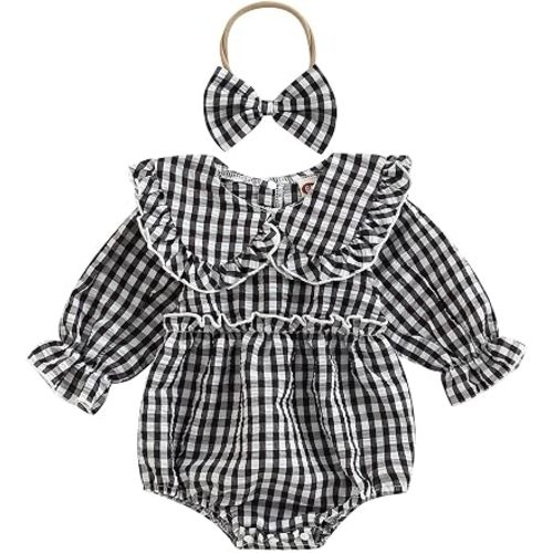 Karuedoo Newborn Baby Girl Clothes Gingham Plaid Bubble Romper Long Sleeve Ruffle Bodysuit with Headband Spring Fall Outfit