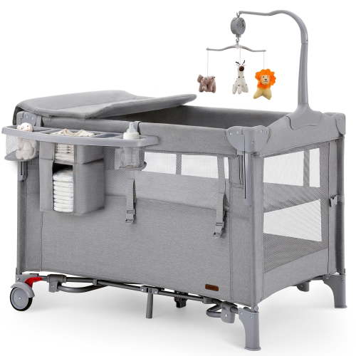 HARPPA 5-in-1 Portable Baby Playard Bassinet Bedside Sleeper Changing Table Gray
