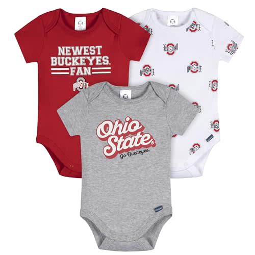 Gerber Unisex Baby NCAA College Team 3-Pack Short-Sleeve Onesies Bodysuit, Ohio State Buckeyes, 3-6 Months