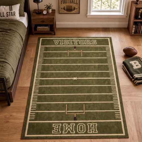 American Football Field Area Rug, Boys Sports Bedroom Gift for Him, Olive Green Gridiron Decor