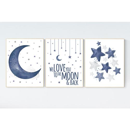 Navy Blue Nursery Prints: Moon, Stars, 'We Love You' Art