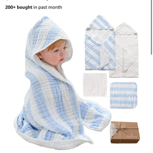 Muslin Hooded Baby Towel 4 Pack, Preuim Muslin 6 Layers Natural Cotton Baby Bath Towels, Soft and Comfortable for Boys,Girls (32 x 32, Blue Striped and White)