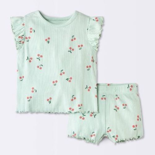 Baby Girls' 2pc Cherry Fruit Ruffle Sleeve T-Shirt and Bike Shorts Set - Cloud Island™ Light Mint Green Newborn