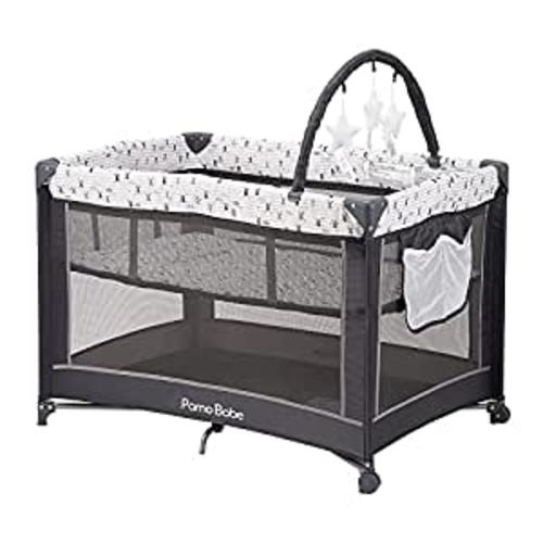 Pamo Babe Portable Playard,Sturdy Play Yard with Mattress and Toy bar with Soft Toys (Grey)…