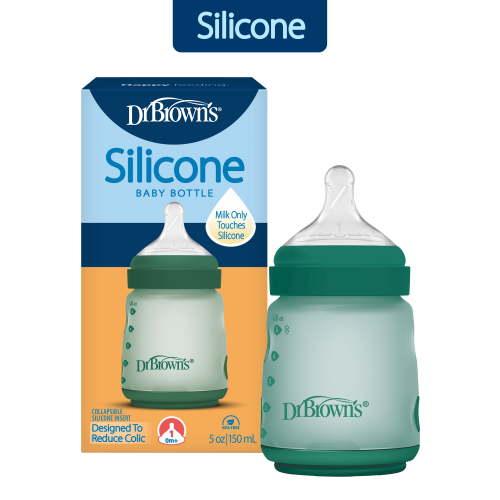 Dr. Brown's Silicone Baby Bottle with Collapsible Insert Designed to Reduce Colic, 5 oz with Wide-Neck Level 1 Slow Flow Nipple, BPA-Free, 0m+, Green