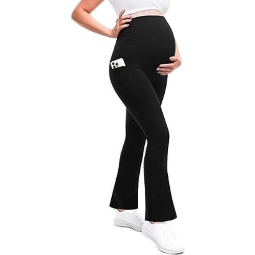 Maternity Flare Leggings with Pockets Over The Belly Yoga Pants for Workout Soft Pregnancy Activewear