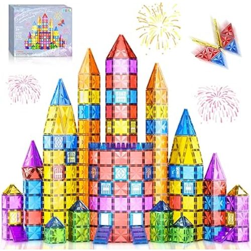 102PCS Diamond Magnetic Tiles Toys Gifts for 3+ Year Old Boy Girl, STEM Magnet Toys for Toddlers, Magnetic Building Blocks Preschool Learning Montessori Sensory Toys for Age 3-5 4-8 8-12