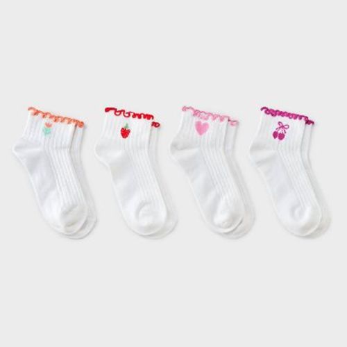 Girls' 4pk Icons Lettuce Edge Ankle Socks - Cat & Jack™ White L