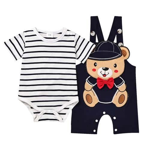 TOKIAGO Baby Boy Clothes Newborn Outfits Stripe Romper Infant Cartoon Overall Adjustable Suspender Pants Set 0-18 Months