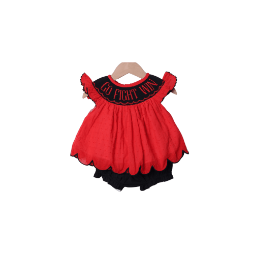 Smocked Go, Fight, Win Red/Black Swiss Dot Bloomer Set