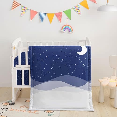 Crib Bedding Set,3-Pcs Nursery Crib Bedding With Comforter, Sheet & Skirt,Blue Starry Sky Moon Printed Bedding for Baby Boys & Girls (Blue Moon)