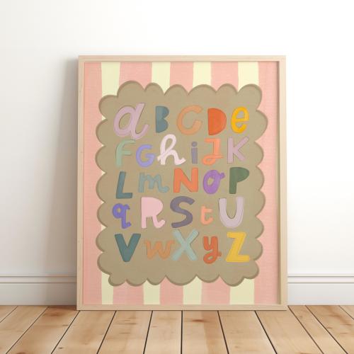 Colorful ABC Alphabet Print: Pink Girls Hand Painted Nursery Kids Room Art