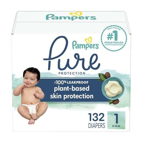 Pampers Baby Diapers - Pure Protection - Size 1, 132 Count, for up to 100% Leakproof, Premium Plant-based Skin Protection