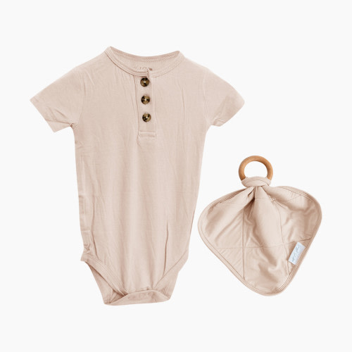 Snuggle Shield LUXE Bamboo 3 Button Bodysuit and Matching Beechwood Lovey Teether Set - Tan Sand, 0-3 M