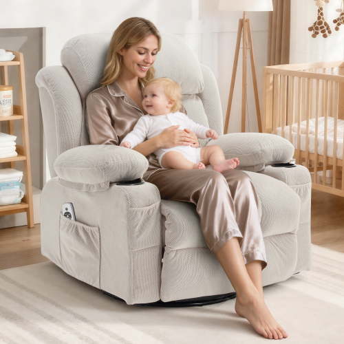 Swivel Rocker Recliner with Massage and Heat, LEGAHOME 24.4in Glider Rocking Chair for Nursery, Manual Rocking Chair for Adults, Living Room Massage Recliner Sofa with Cup Holder, Beige
