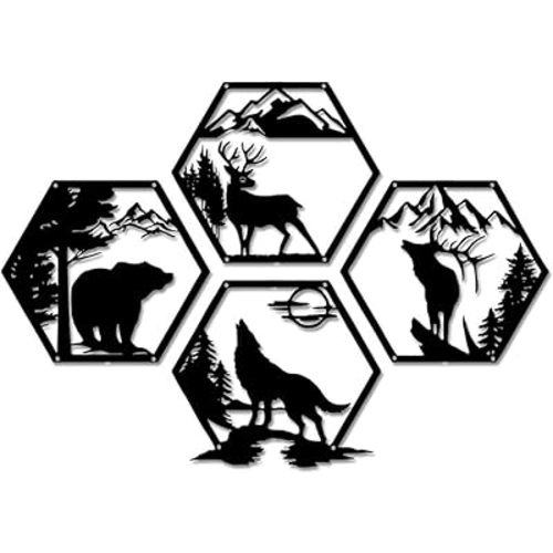 JBCHUCI Rustic Cabin Decor Metal Wall Art Set of 4 - Bear, Deer, Wolf & Moose Black Animal Silhouette, Vintage Iron Wall Decor for Lodge, Living Room, Bedroom
