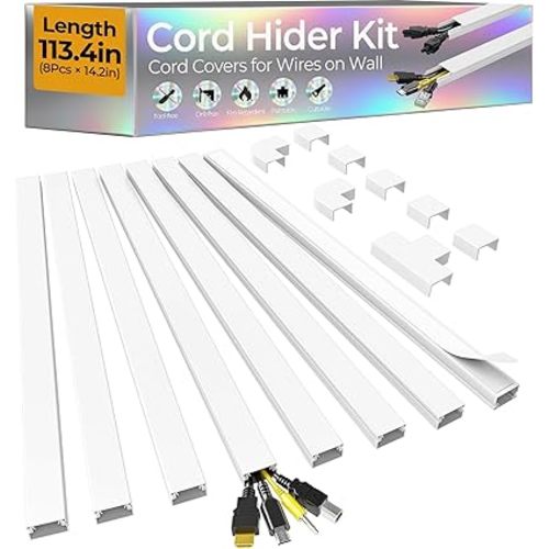 113.4in Cord Hider Kit, Cord Covers for 2-4 Wires on Wall, Self-Adhesive Cable Hider Wire Covers for Cords on Wall, Paintable Cord Hider for Walls Mount Tv, Cable Cover Raceway, W0.95 H0.55in, White