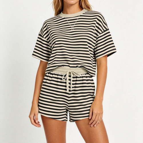 Cagogo Women Striped 2 Piece Shorts Set Casual Summer Lounge Outfits Round Neck Short Sleeve Tshirt Elastic Waisted Shorts Matching Tracksuits Travel Airport Clothes, Khaki XL