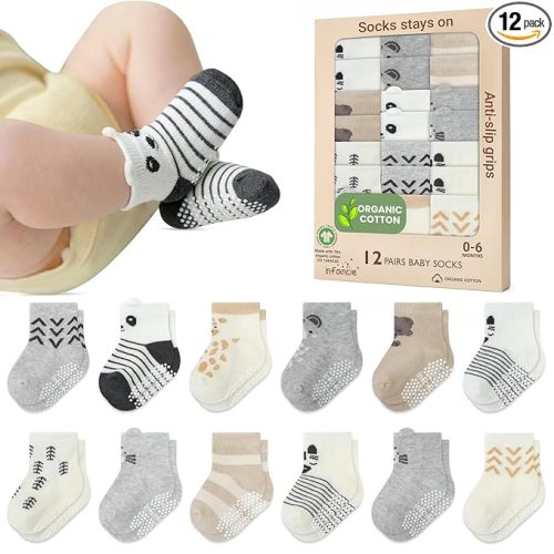 GOTS Certified Organic Cotton Infant Baby Socks 12 Pair For 0-6 (M) Baby Boy Soft, Stretchable & Comfortable Infant Socks Premium Cotton Animal Design Socks, Gift for Newborn Boys, Brown