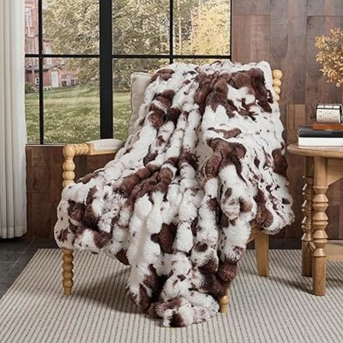 Lotus Karen Faux Fur Throw Blanket Cow Print-Dark Brown, Fluffy Fuzzy Plush Bubble Blanket for Couch, 80x60 Inches Cozy Shaggy Rabbit Blanket, Luxury Decorative Gifts for Sofa Bedroom Living Room.