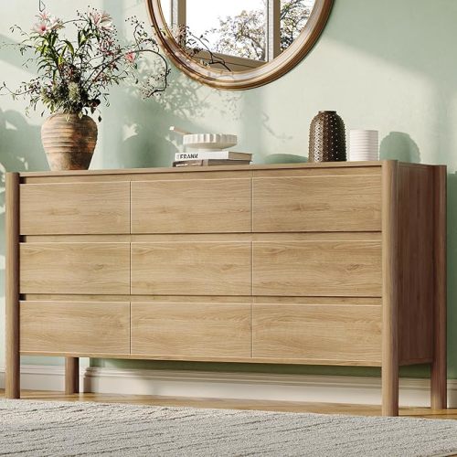 CHUWELL Dresser for Bedroom, 63" Wide Mid Century Modern Chest of Drawers with 9 Large Storage Space and 4 Solid Wood Cylindrical Legs, 9 Drawer Large Dresser for Bedroom(Oak)