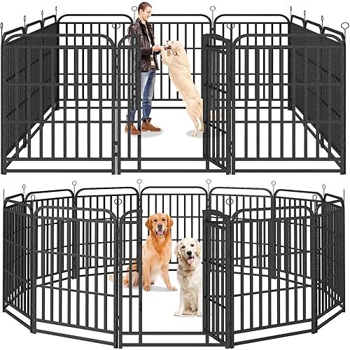 Kfvigoho Heavy Duty Dog Playpen: 12 Steel Panels 40" Height, Square Steel Pipe with Reinforced Crossbars, 27FT 57 Sq.ft Portable Fence for Yard RV Camping, Snowy Black