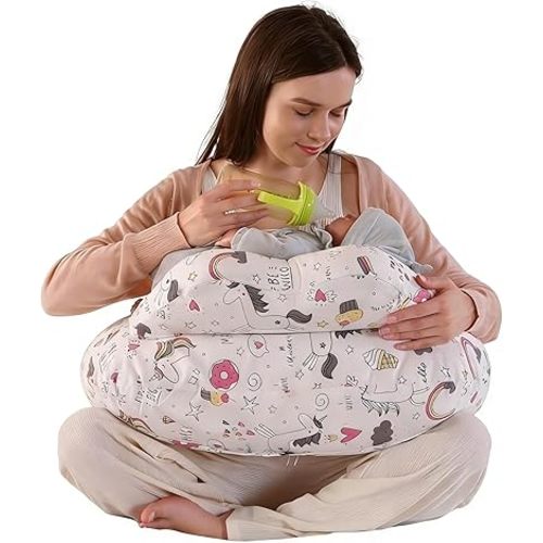 Nursing Pillow for Breastfeeding,Ergonomic Baby Feeding Pillows with Removable Washable Cotton Slipcover, Adjustable Waist Strap,Plus Size,More Support for Mom and Baby(Unicorn)