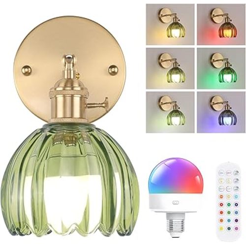 Vintage Battery Operated Wall Sconce with Cute Green Tulip Glass Lampshade Wireless Rechargeable Battery Powered Wall Light with Remote Control for Bedside Bedroom Doorway