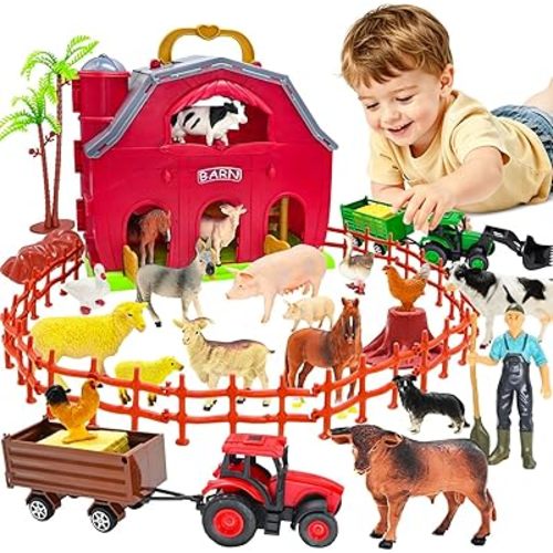 BOLZRA Farm Animals Big Red Barn Toy with Tractors Fence for Toddlers 1-5