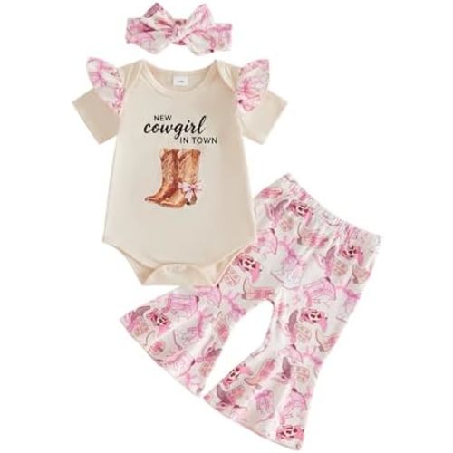 Western Baby Girl Clothes Short Sleeve Cowgirl Romper Onesie Boots Flared Pants Headband 3Pcs Summer Outfit 0-18M