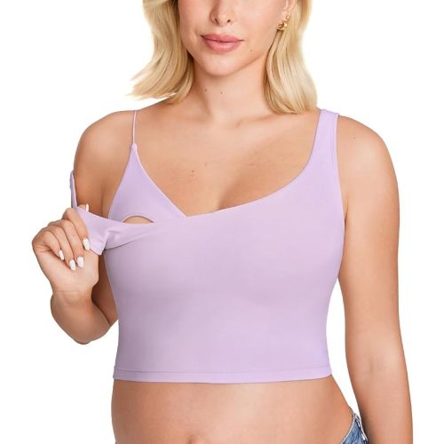 MOMANDA Women's Nursing Bras Longline Sports Breastfeeding V Neck Sleeveless Crop Tank Top with Built in Bra