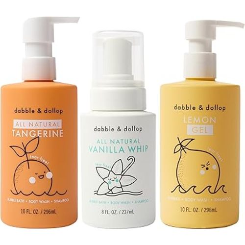 Dabble & Dollop Citrus Kiss Bundle, Natural Bubble Bath, Body Wash & Shampoo for Kids, Paraben & Sulfate Free, Vegan, Gluten-Free, Tear-Free, Tangerine, Vanilla, Lemon (Set of 3)