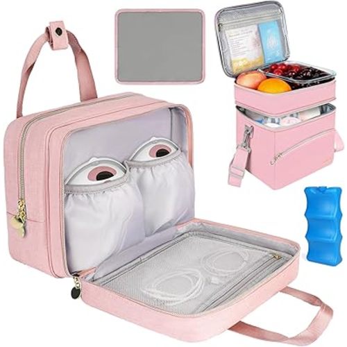 Wearable Breast Pump Bag with Cooler Compartment Compatible with Momcozy M5/S12 Pro, Elvie & Medela Pump in Style, Baby Bottle Cooler Bag with Ice Pack, Pink & Blue