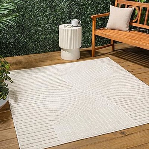 JONATHAN Y Hallie High-Low Curve Ivory/Cream 6x6 Square Indoor/Outdoor Area Rug, Minimalist, Pet Friendly, Non-Shedding, Stain Resistant, Hose-Washable for Backyard, Patio, Porch (SCN100B-6SQ)